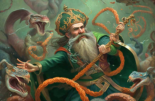 An AI depiction of St Patrick battling the snakes of Ireland from the website https://mythicalireland.com/blogs/news/there-were-no-snakes-in-ireland-when-saint-patrick-arrived-so-he-couldnt-have-banished-them