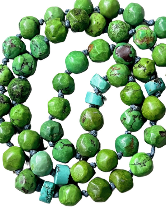 Green and blue turquoise choker necklace, hand-knotted gemstone strand with sterling clasp.