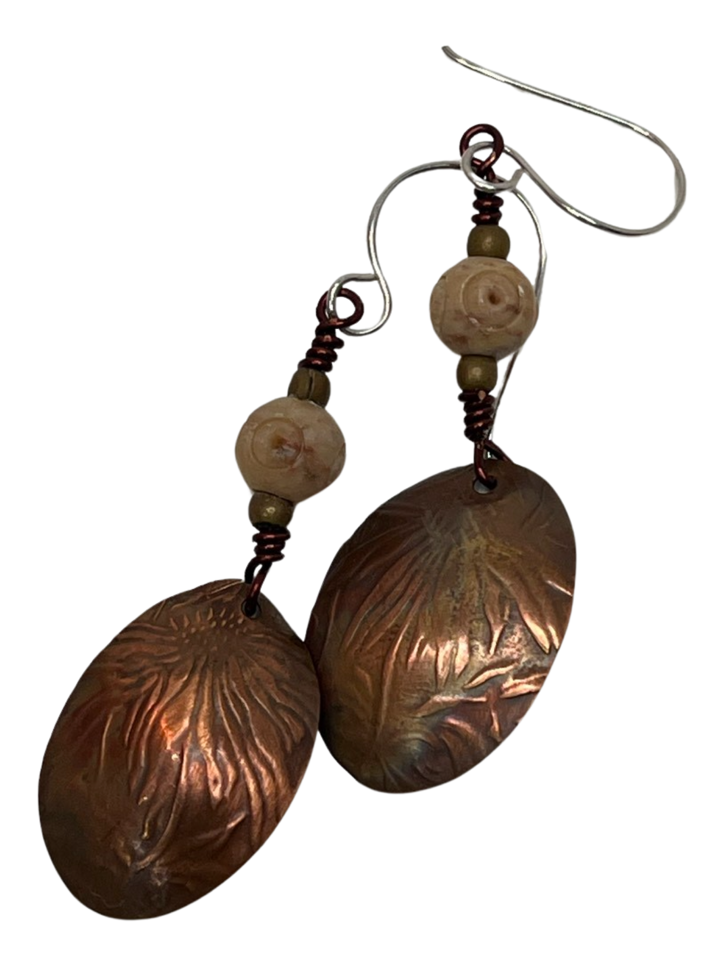 Fire Painted Patterned Copper and Carved Stone Earrings
