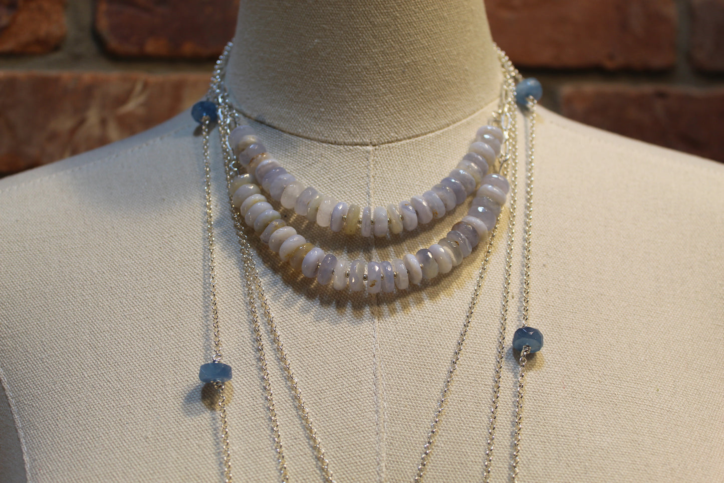 Double Strand Blue Lace Agate with Silver Paperclip Chain