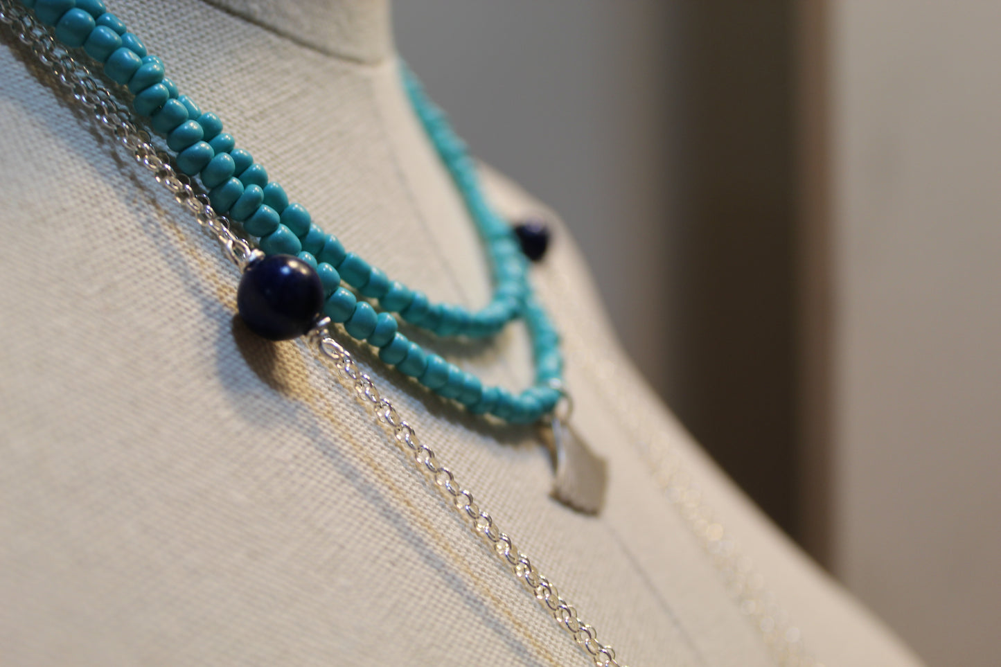 Double Strand Turquoise Glass Beads with Silver Egyptian Revival Flower