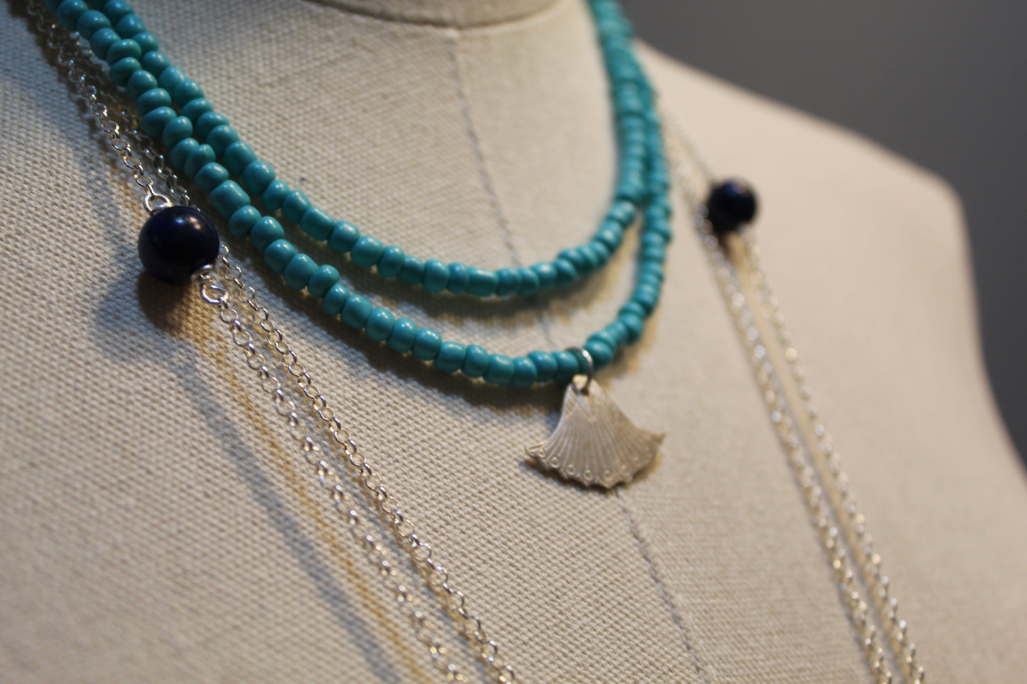 Double Strand Turquoise Glass Beads with Silver Egyptian Revival Flower