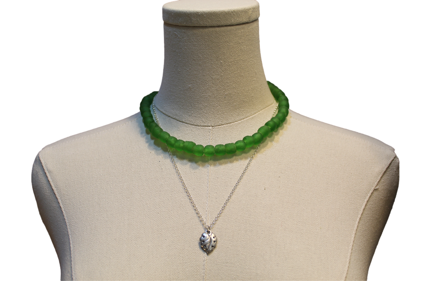 Silver Monestera Leaf 20 " Pendent (Shown with Green Glass Choker)
