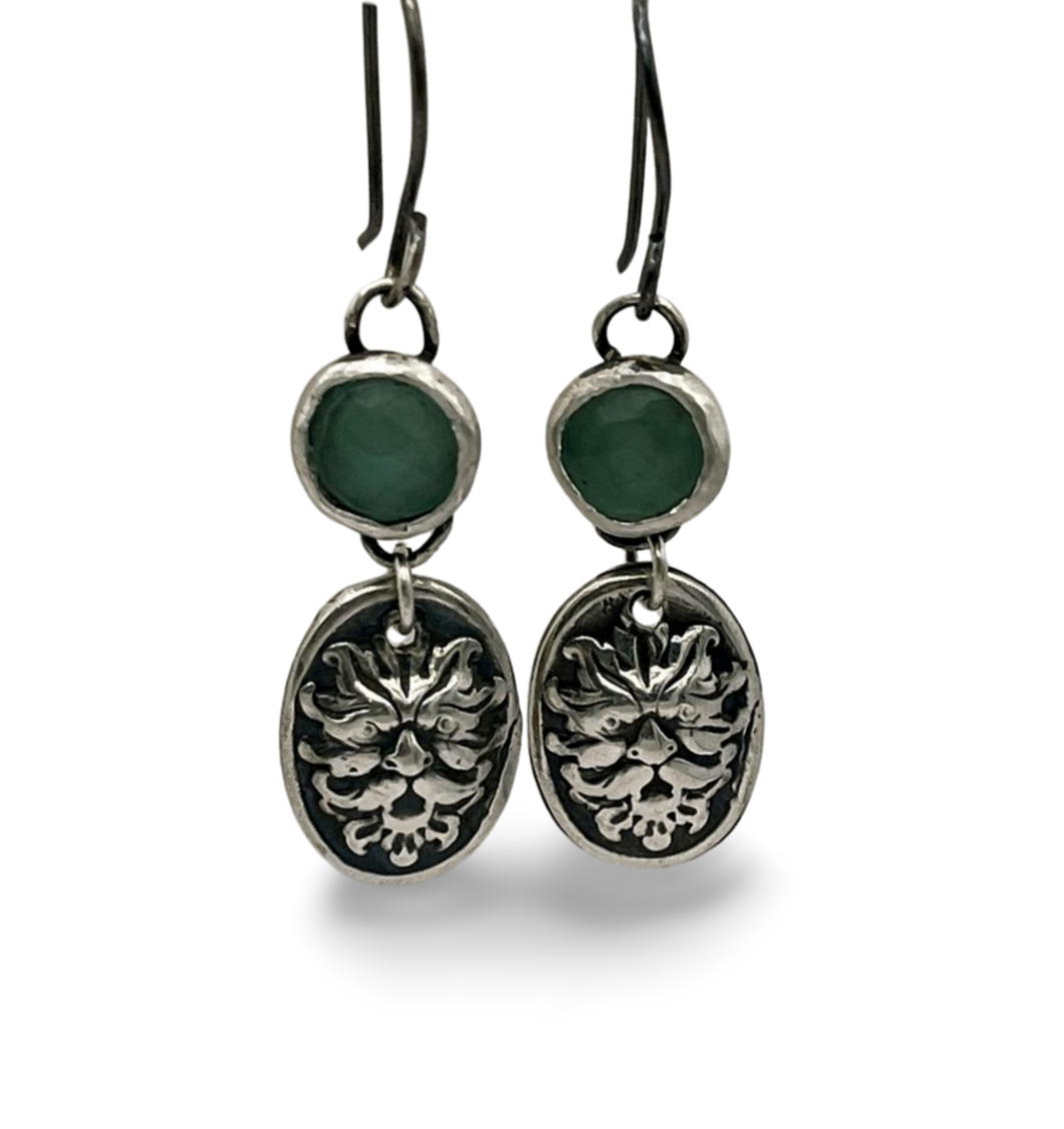 Phoenix Silver silver dangle Greenman earrings with light green Peruvian chalcedony