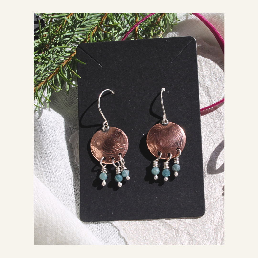 Copper and Silver Circles in Circles Earrings with Green Tourmaline