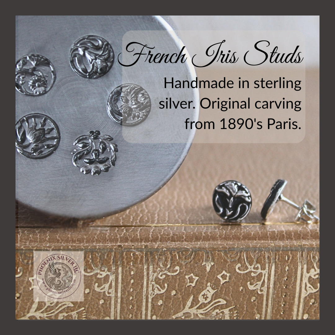 French Iris Silver Studs | Art Nouveau Earrings | Reclaimed Sterling Silver