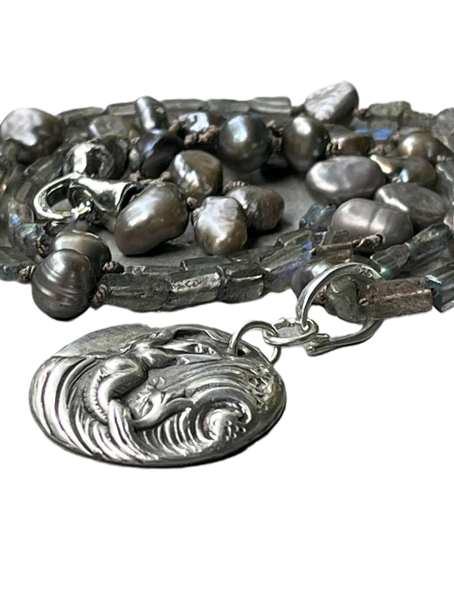 Labradorite and Silver Pearl Choker 18"