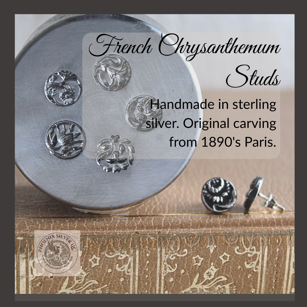 French Chrysanthemum Silver Studs | Art Nouveau Earrings | Reclaimed Sterling Silver
