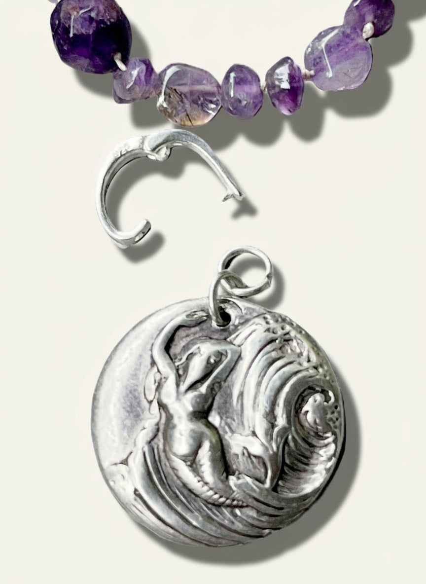 Silver pendant with mermaid design and a separate pearl enhancer and beaded strand showing how pendant can attach to strand with pearl enhancer from Phoenix Silver LLC