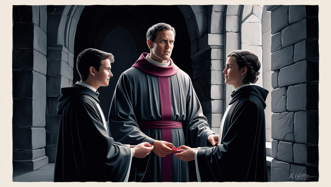 A man in priestly vestments is speaking to a young man and woman who are looking and each other and holding hands. they are dress in monks cloaks, as if in disguise