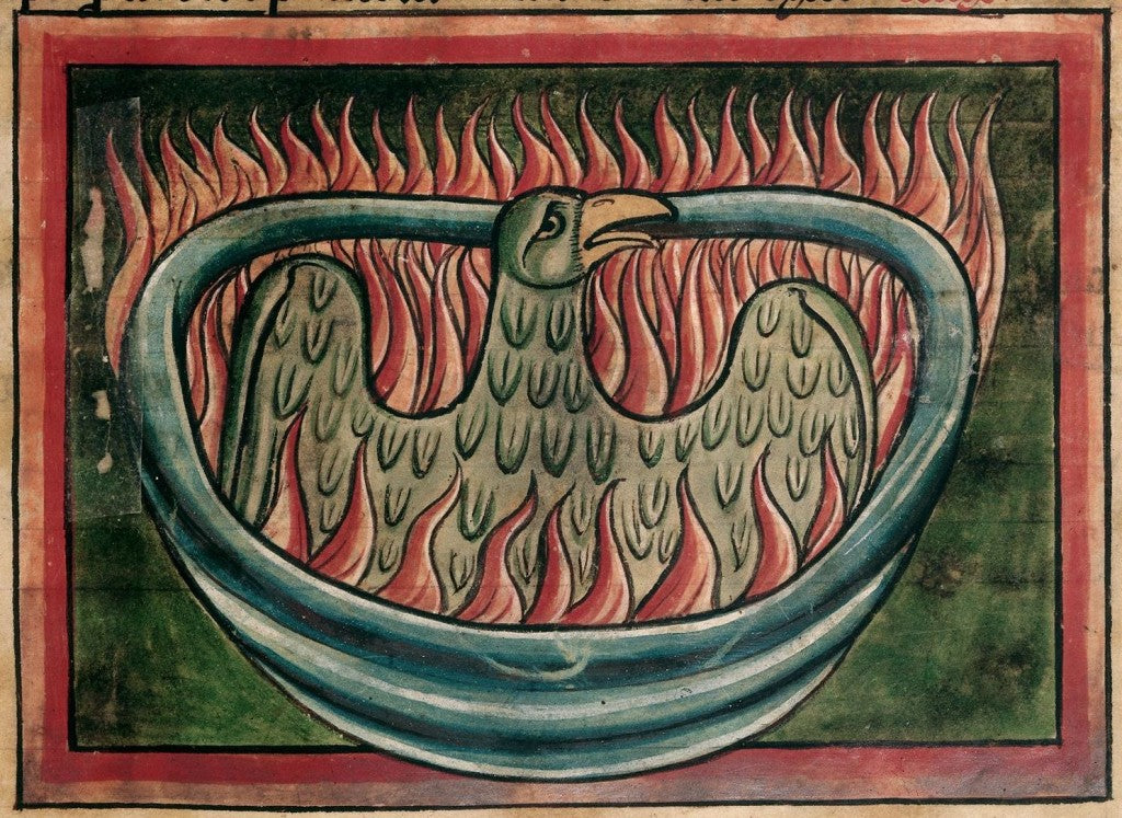 Phoenix; bestiary, England, 2nd quarter of the 13th century; BL Harley MS 4751, f. 45