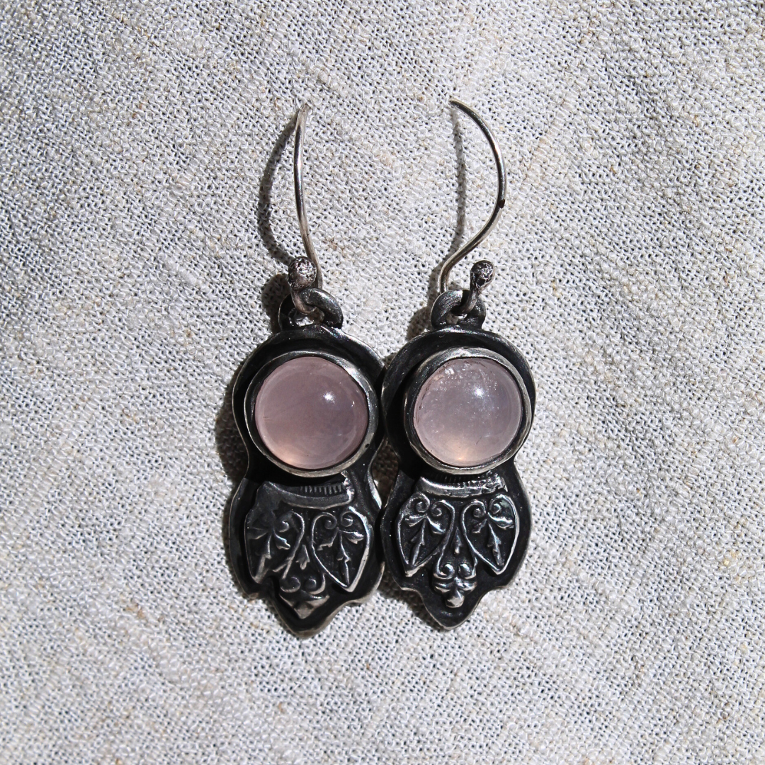 Rose Quartz Earrings with French Ironwork Bezel