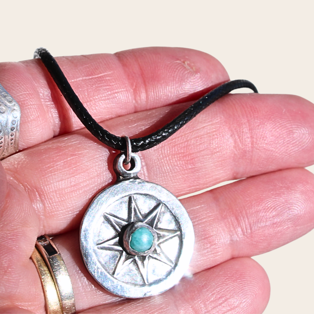 Small Compass Rose Pendant with Amazonite