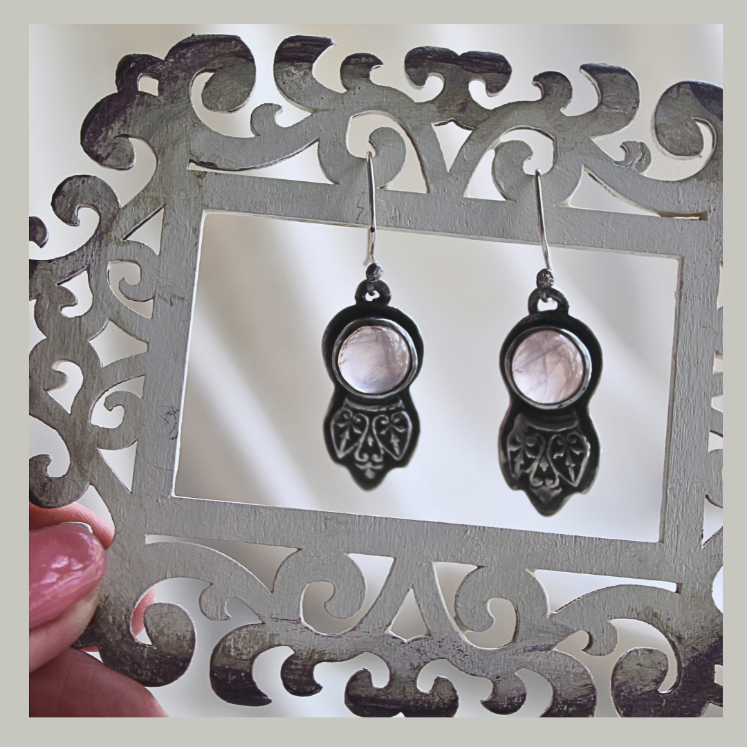 Rose Quartz Earrings with French Ironwork Bezel
