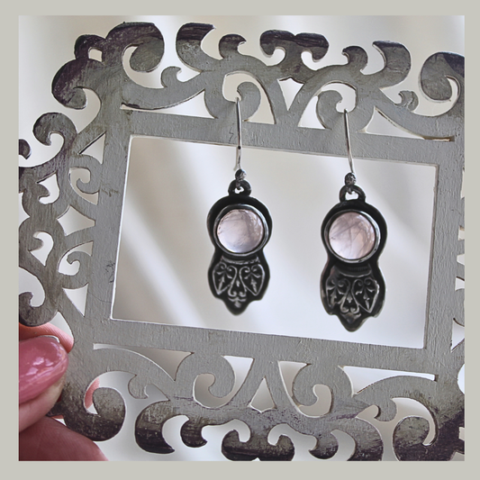 Rose Quartz Earrings with French Ironwork Bezel