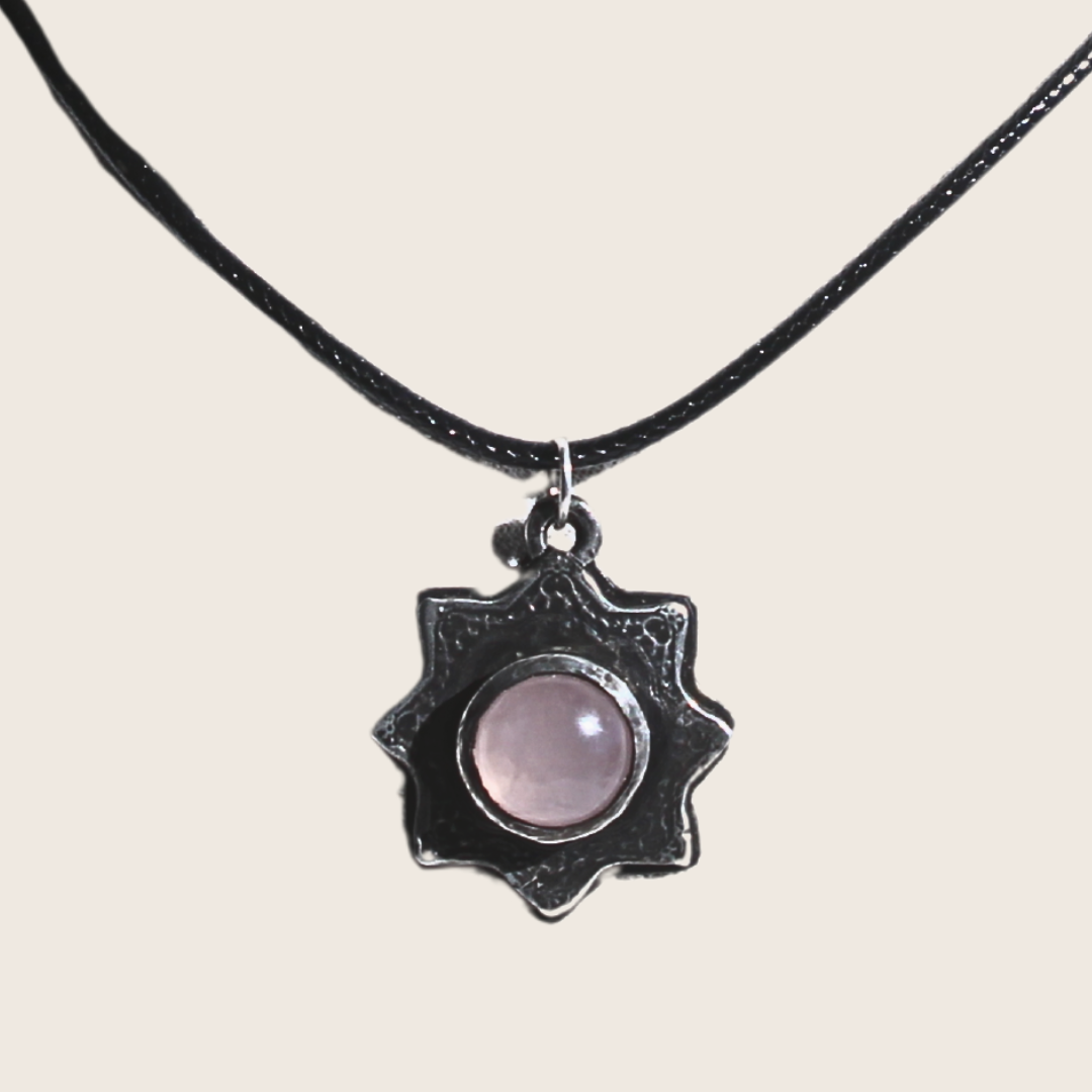 Engraved Octogram Pendant with Rose Quartz