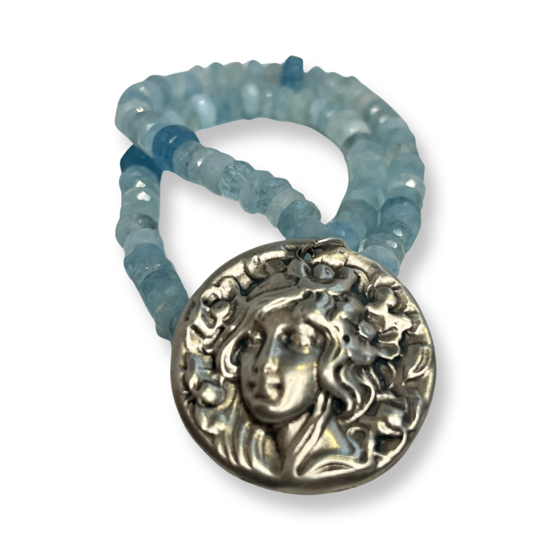 Sterling Silver "Flora" Medal and Aquamarine Necklace