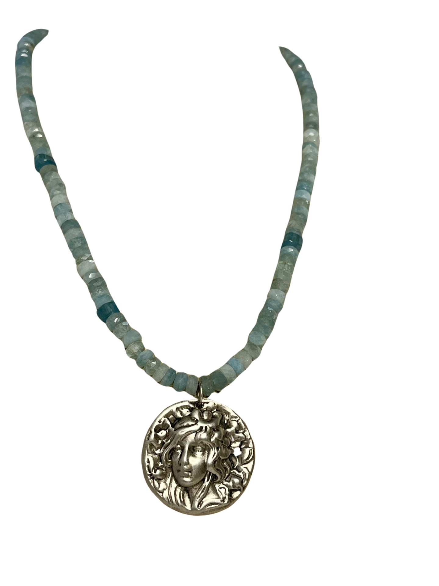 Sterling Silver "Flora" Medal and Aquamarine Necklace