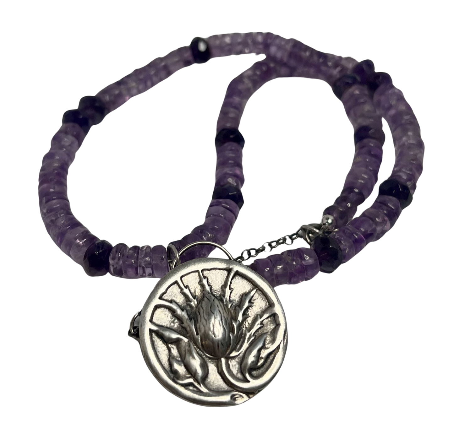 Sterling Silver Thistle Medallion and Amethyst Necklace