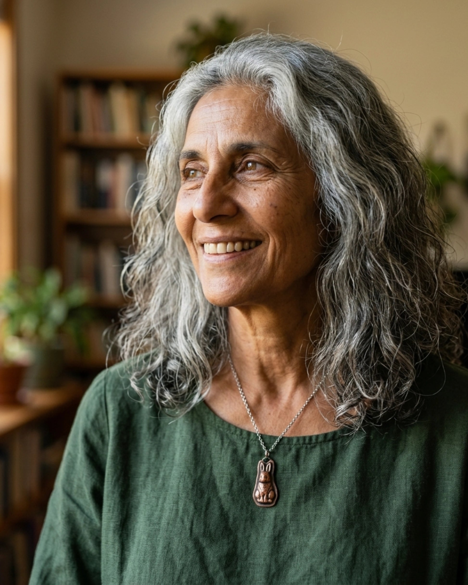 smiling older woman with long grey hair standing in front of a book case is wearing Copper Rabbit charm on silver rolo chain, the copper perfectly backed by  her green shirt.