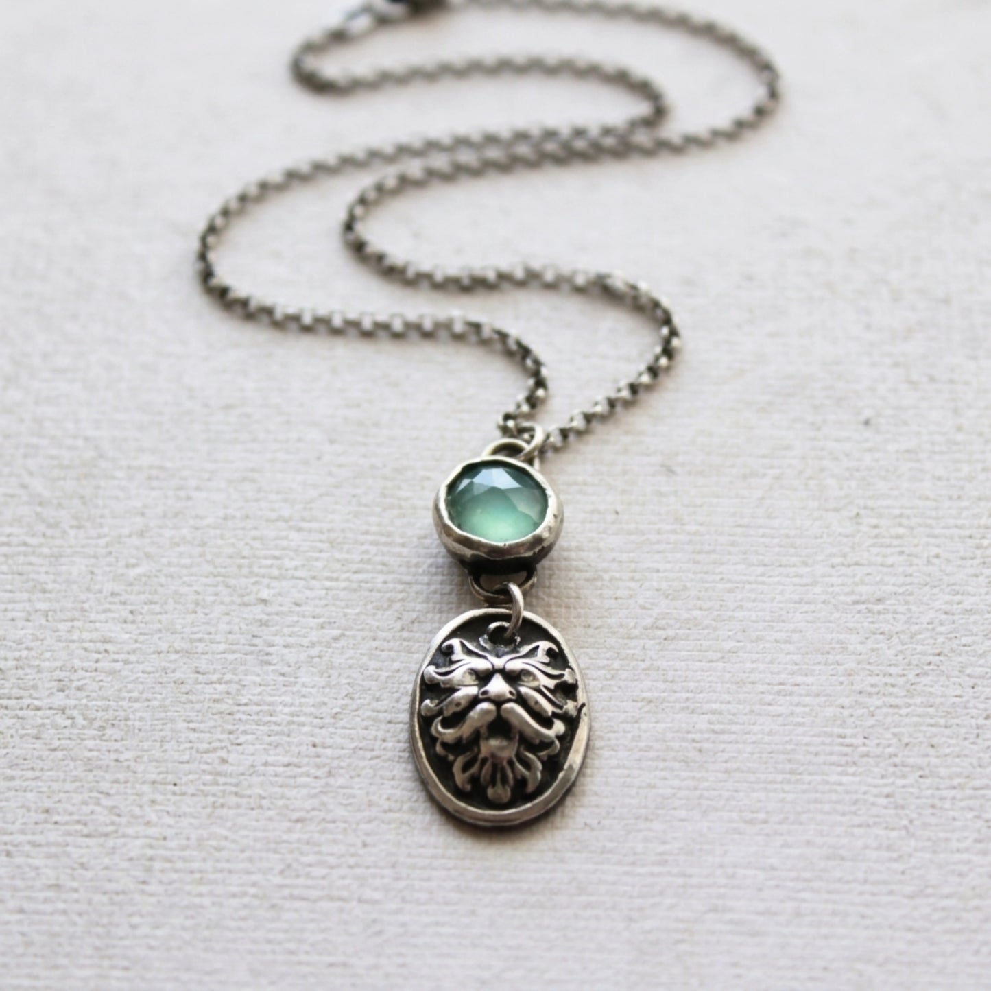 Small Silver Greenman and Peruvian Chalcedony Charm