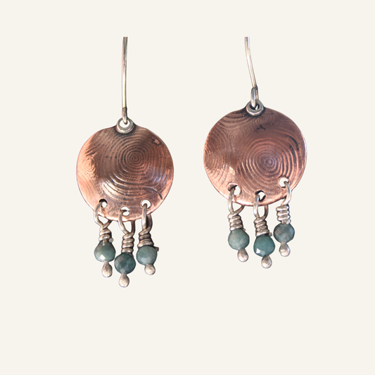 Copper and Silver Circles in Circles Earrings with Green Tourmaline