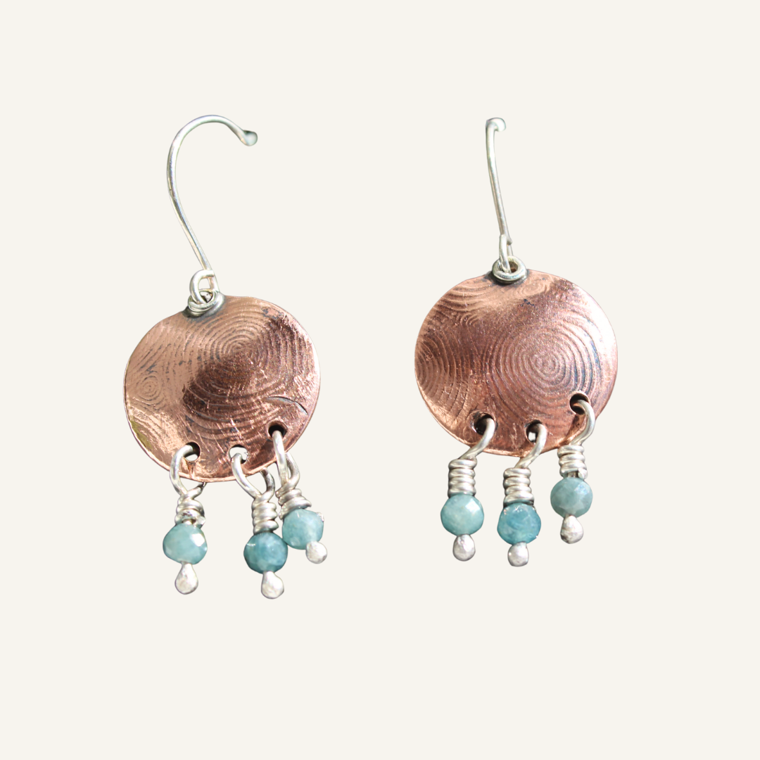 Copper and Silver Circles in Circles Earrings with Green Tourmaline