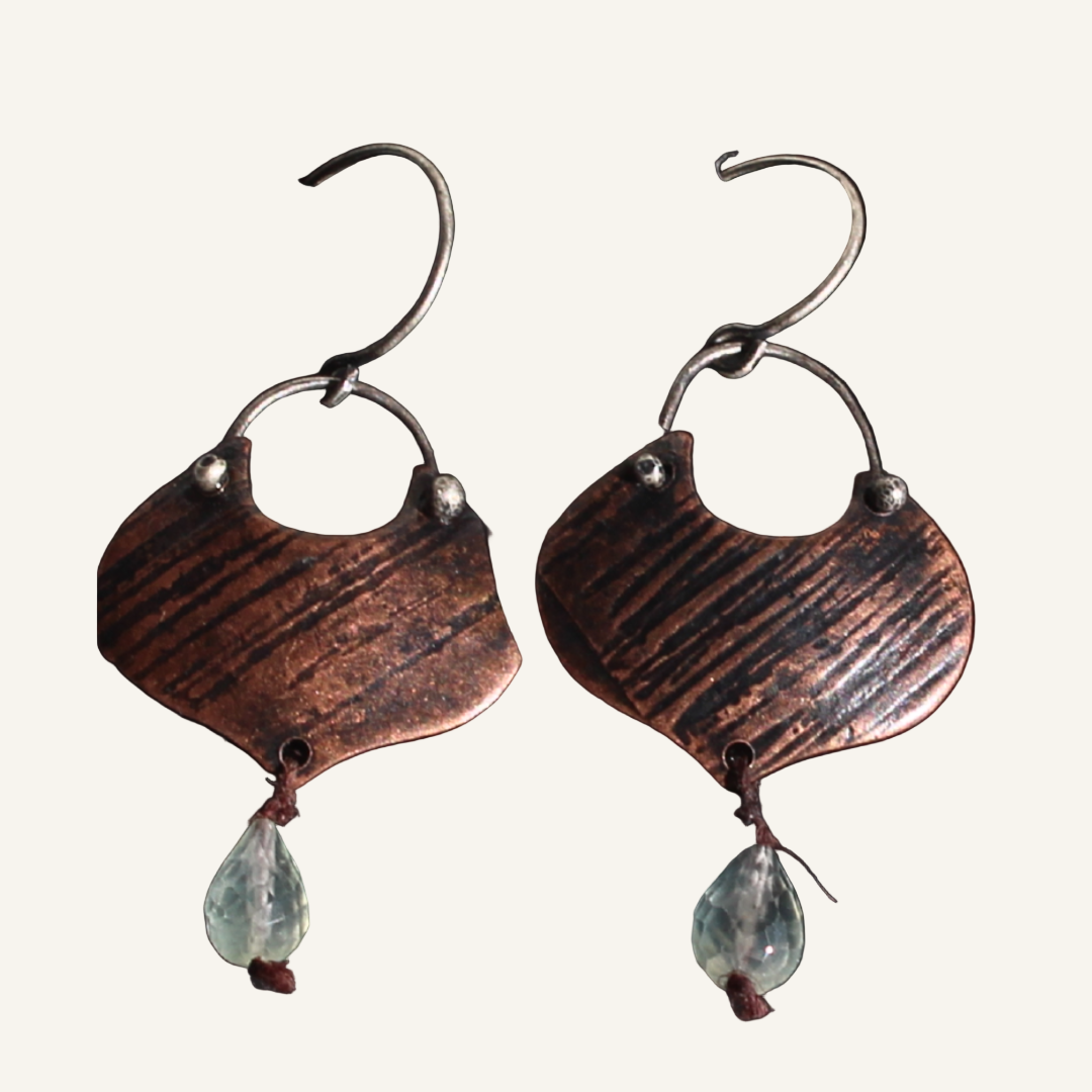 Copper and Silver Fancy Shield Earrings with Prehnite Drops