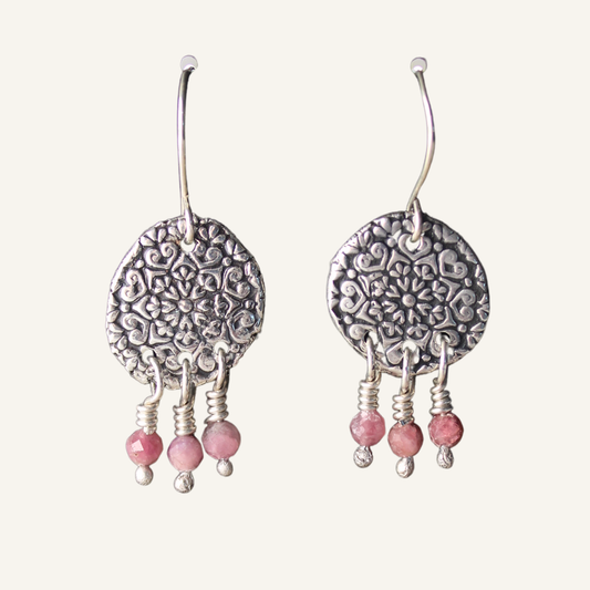 Silver Mandala Coin Earrings with Pink Tourmaline