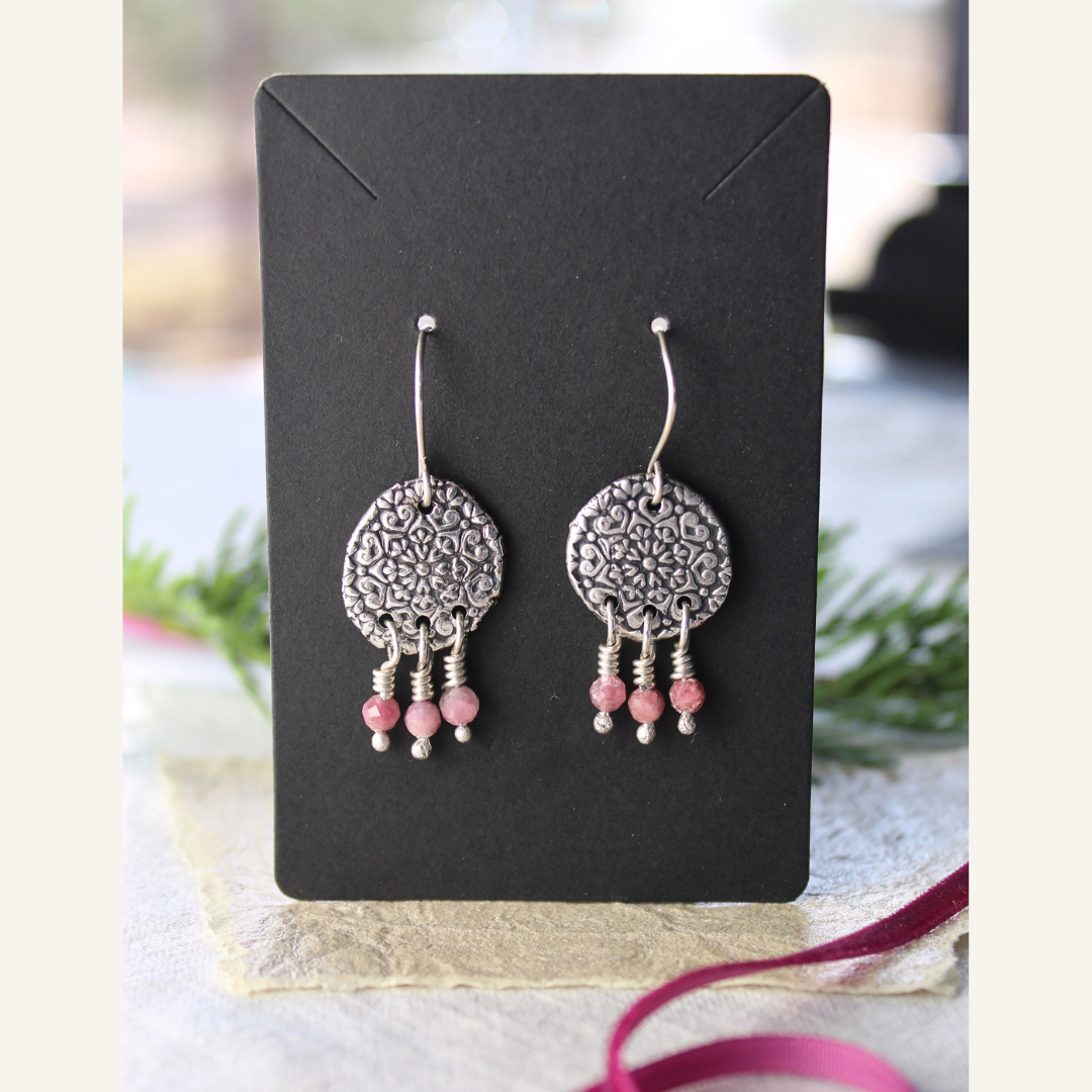 Silver Mandala Coin Earrings with Pink Tourmaline