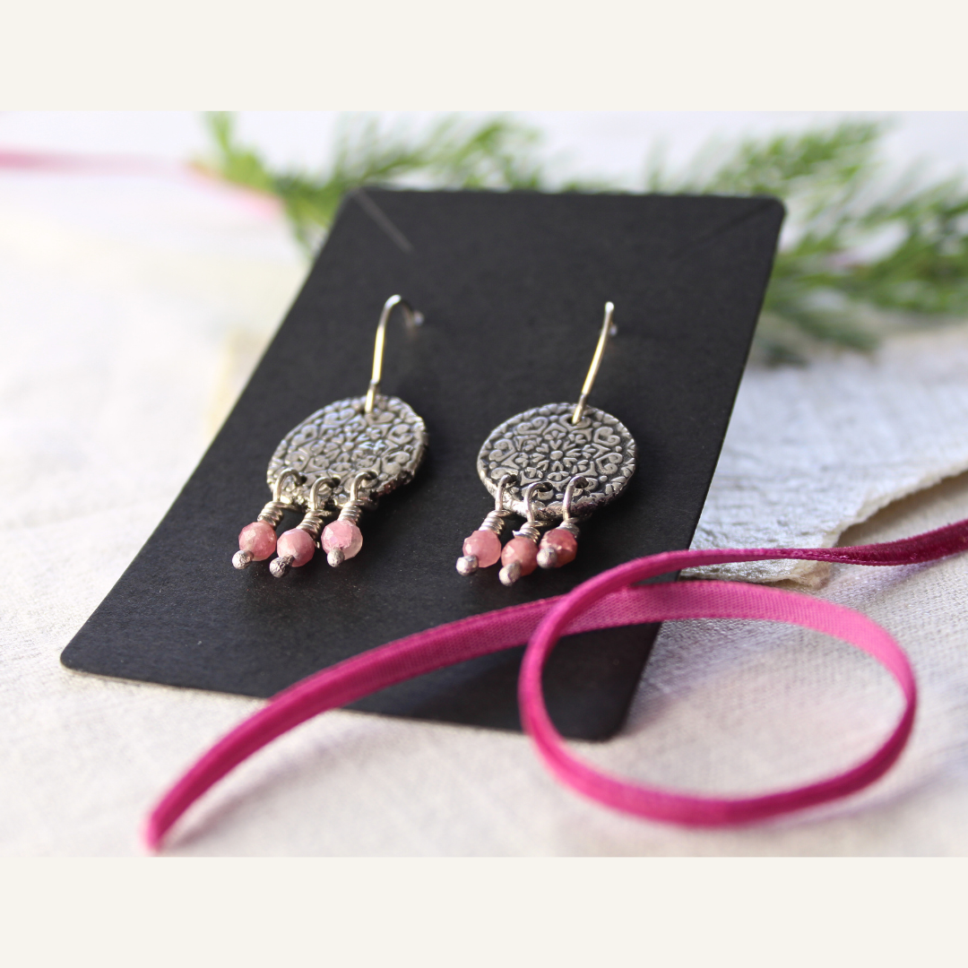 Silver Mandala Coin Earrings with Pink Tourmaline