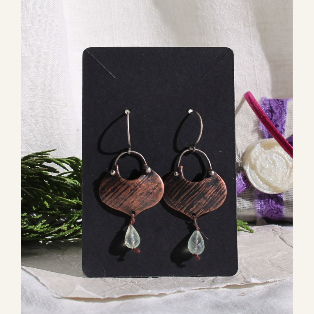 Copper and Silver Fancy Shield Earrings with Prehnite Drops